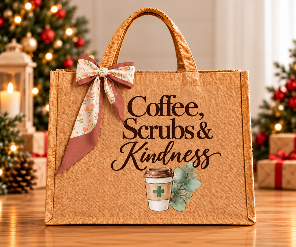 Coffee, Scrubs & Kindness Burlap Tote Bag