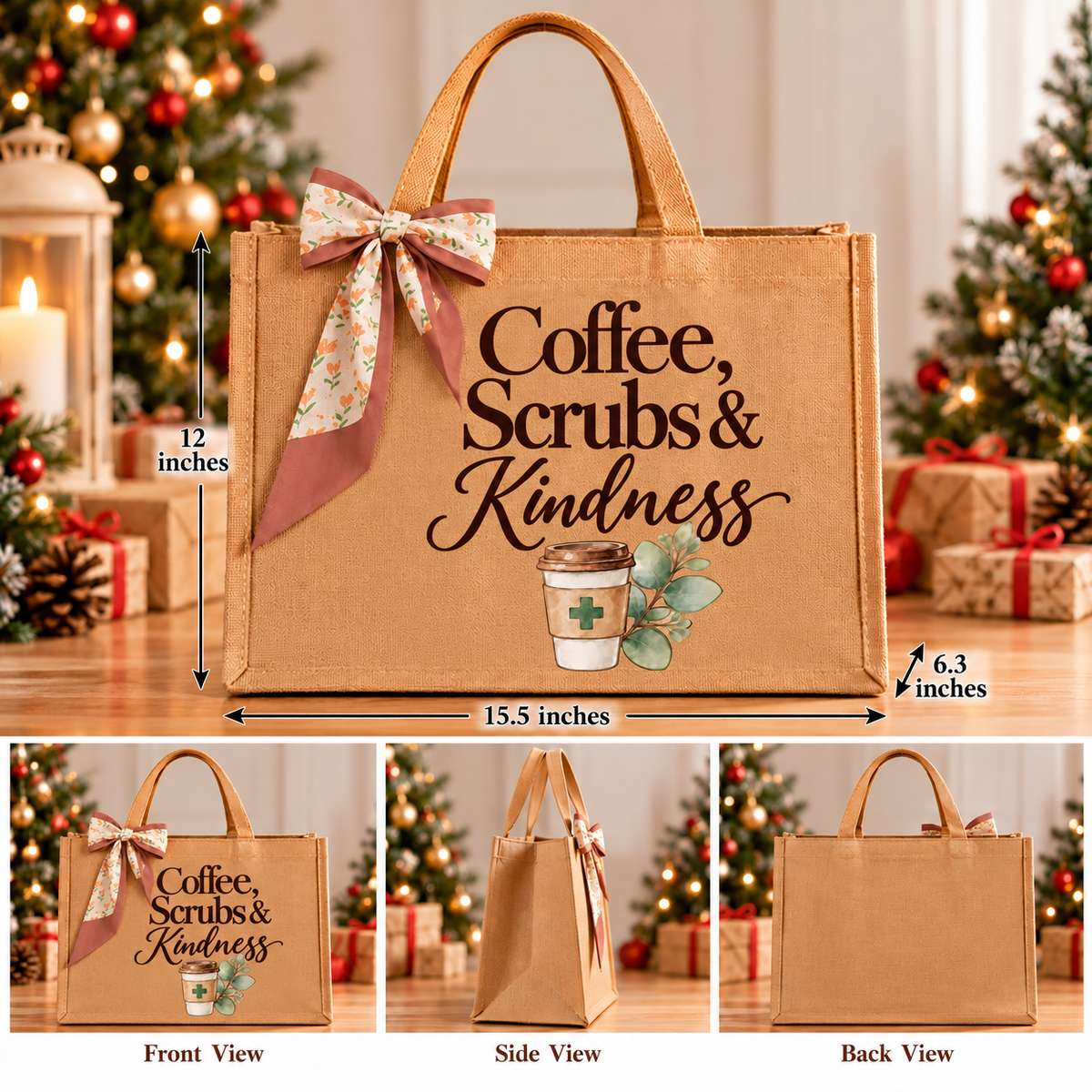 Coffee, Scrubs & Kindness Burlap Tote Bag
