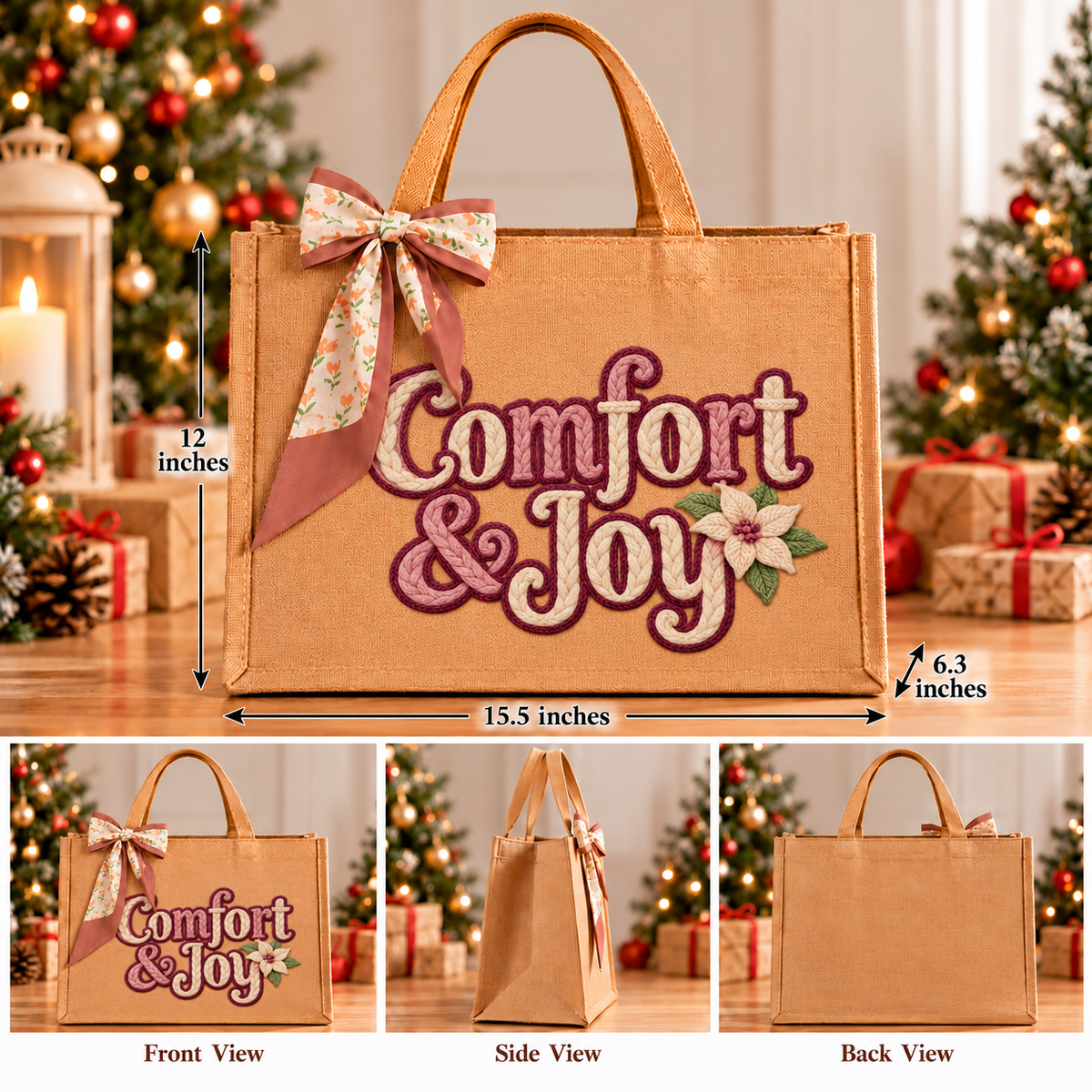 Comfort & Joy Christmas Burlap Tote Bag