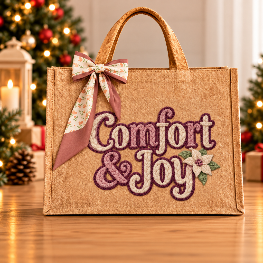 Comfort & Joy Christmas Burlap Tote Bag