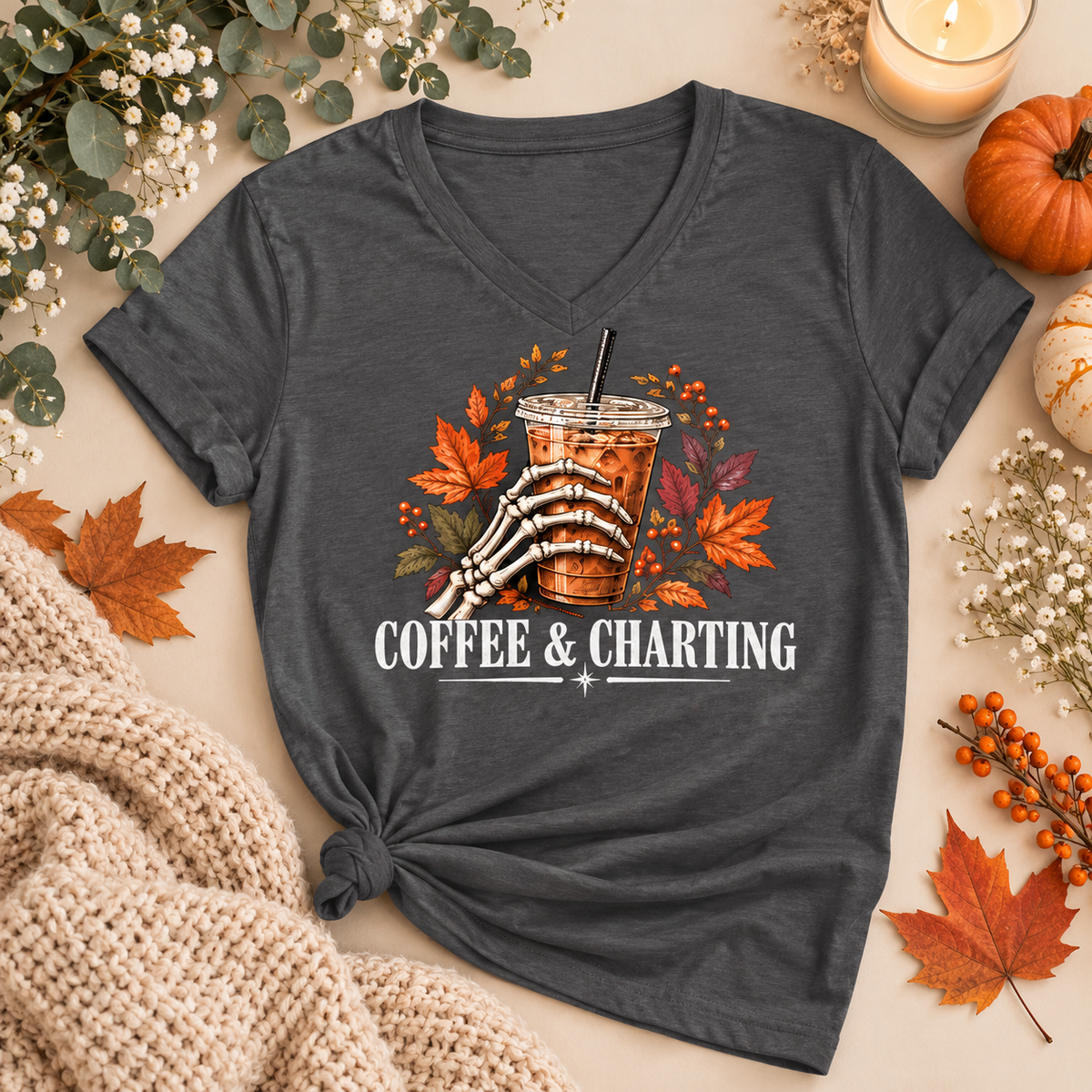 Coffee & Charting Fall Tee – Healthcare Worker Halloween Autumn Shirt