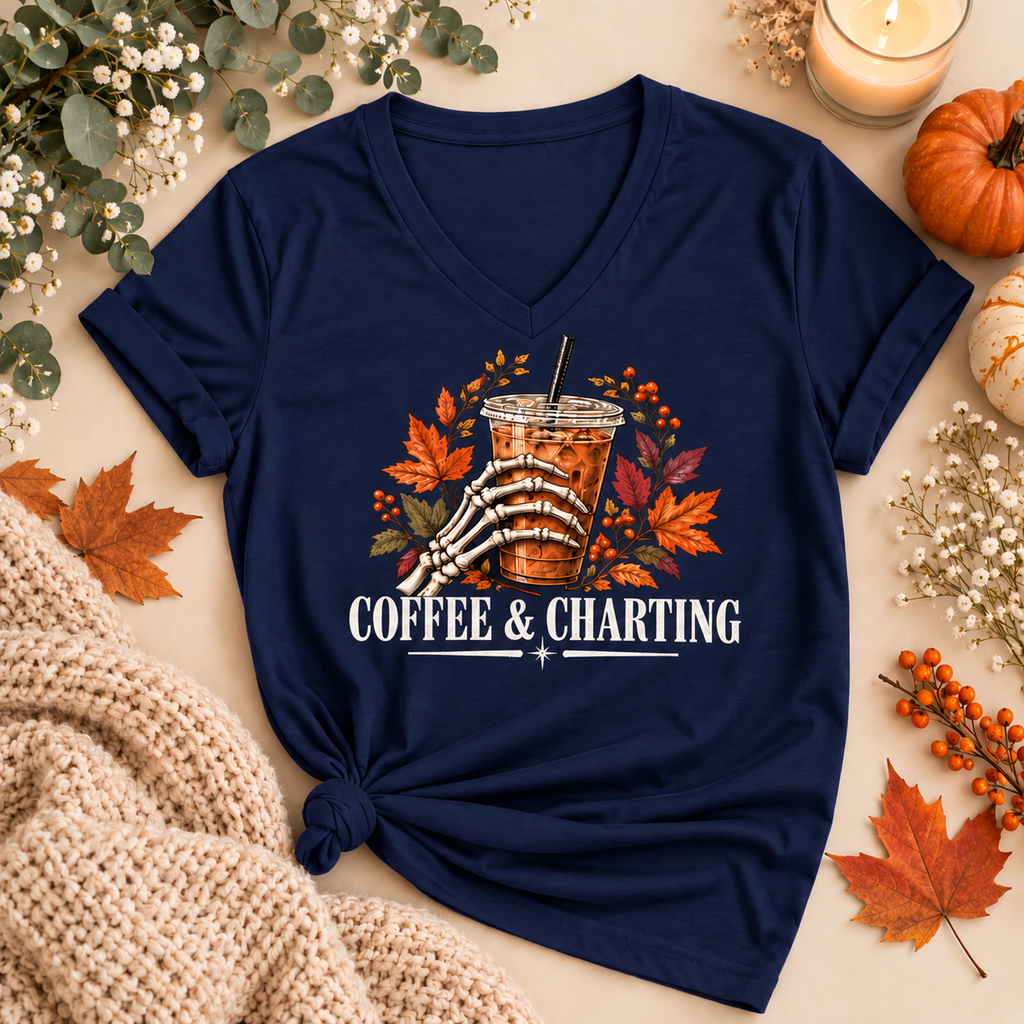 Coffee & Charting Fall Tee – Healthcare Worker Halloween Autumn Shirt