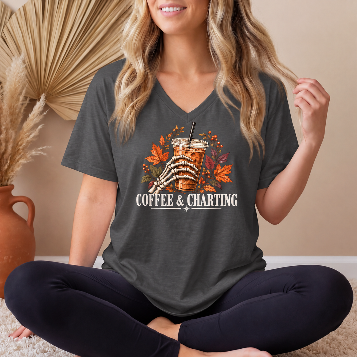 Coffee & Charting Fall Tee – Healthcare Worker Halloween Autumn Shirt