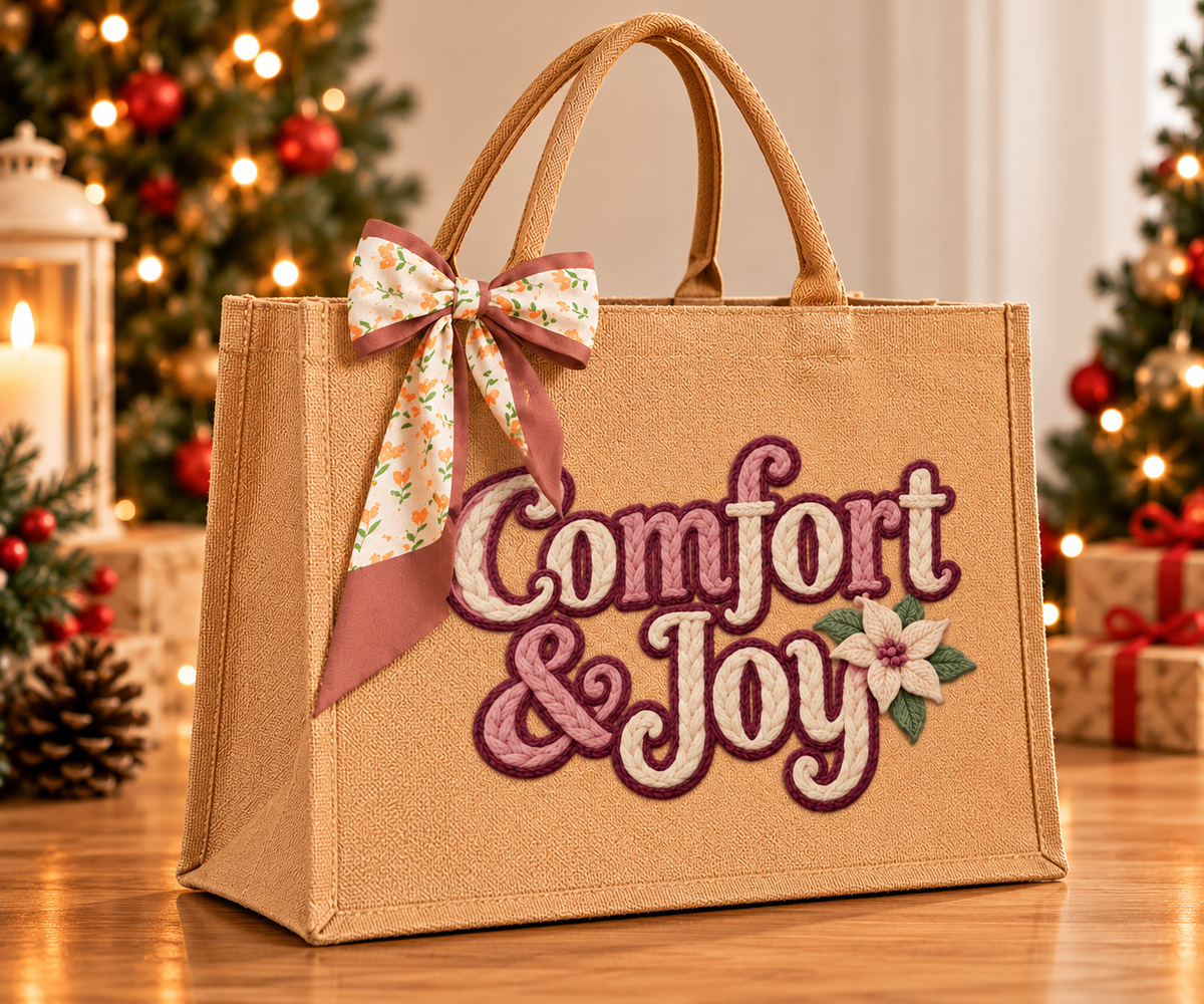 Comfort & Joy Christmas Burlap Tote Bag