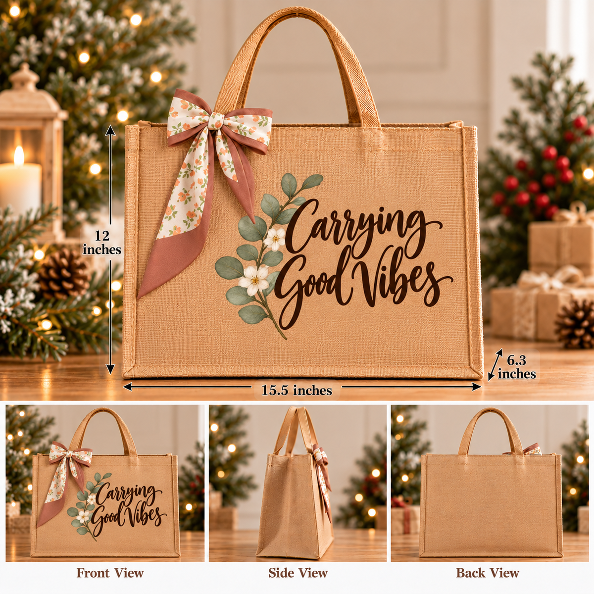 Carrying Good Vibes Burlap Tote Bag