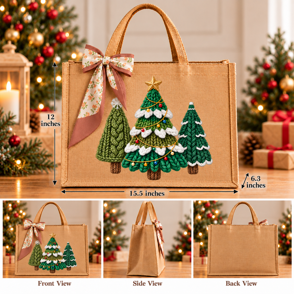 Cozy Knit Christmas Trees Burlap Tote Bag