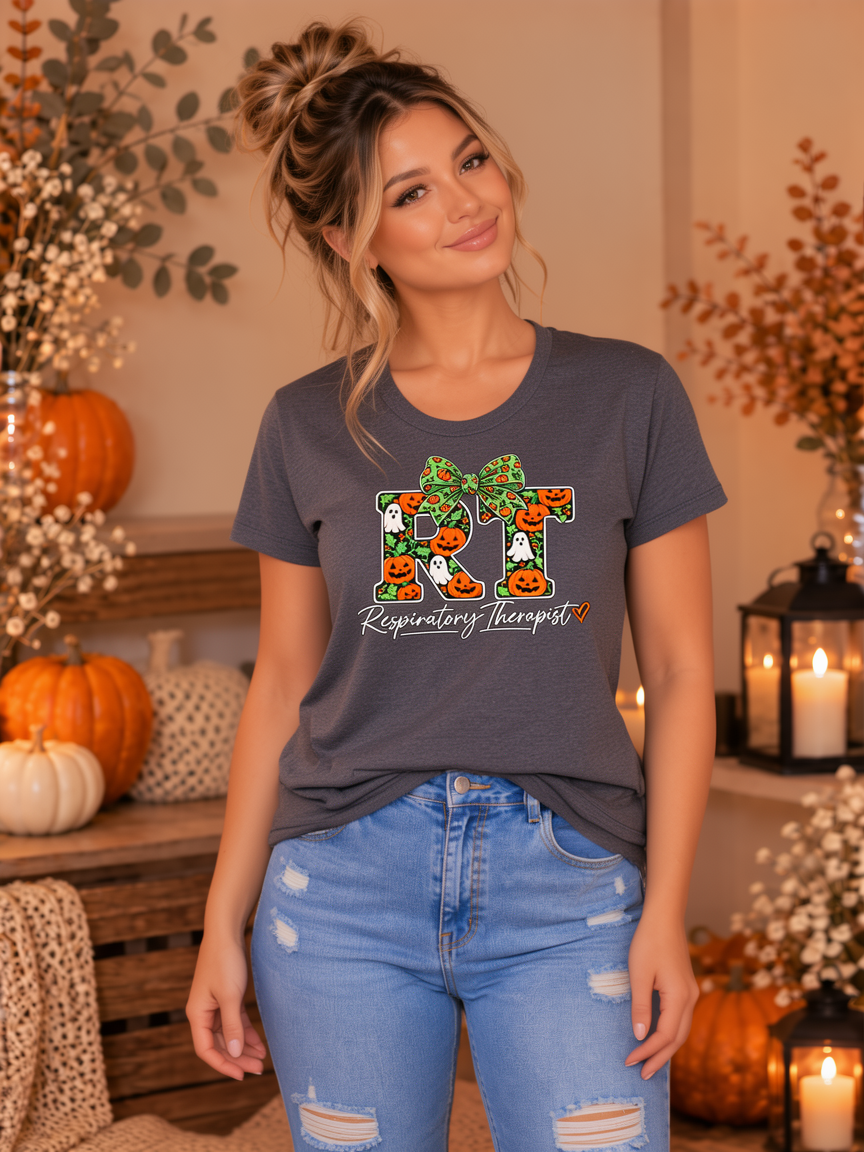 RT Respiratory Therapist Halloween Bow Tee