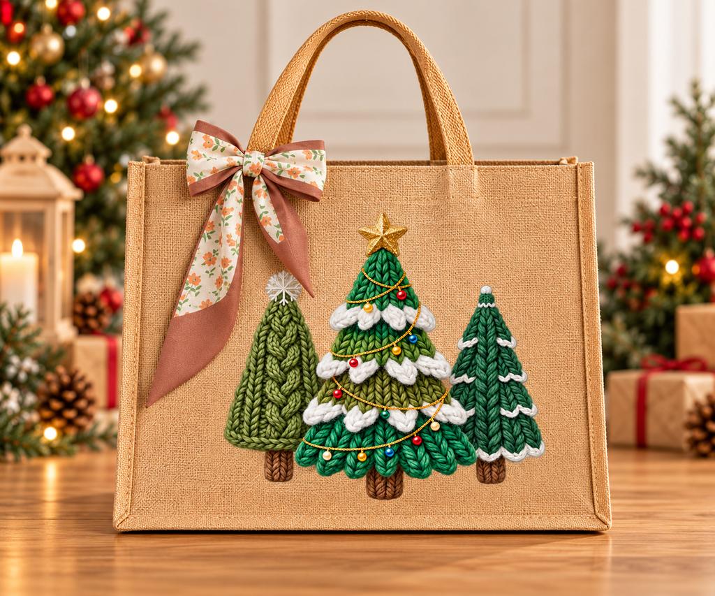 Cozy Knit Christmas Trees Burlap Tote Bag