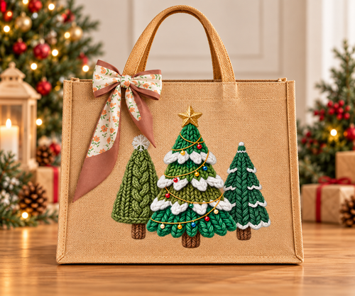 Cozy Knit Christmas Trees Burlap Tote Bag