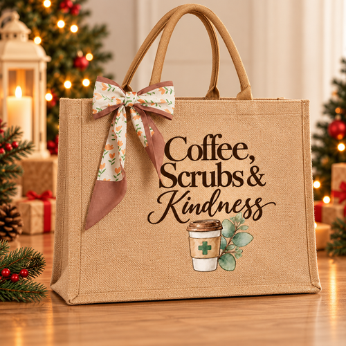 Coffee, Scrubs & Kindness Burlap Tote Bag