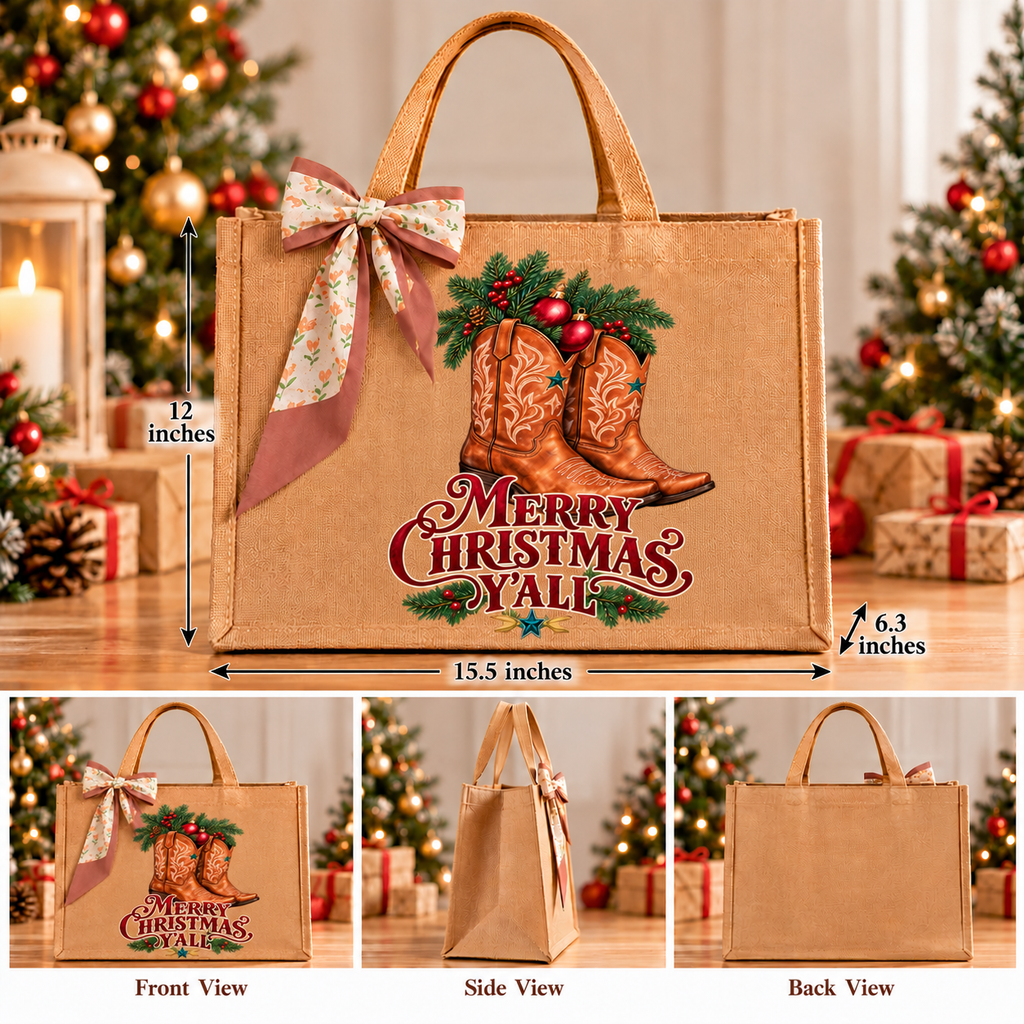 Merry Christmas Y’all Western Burlap Tote Bag