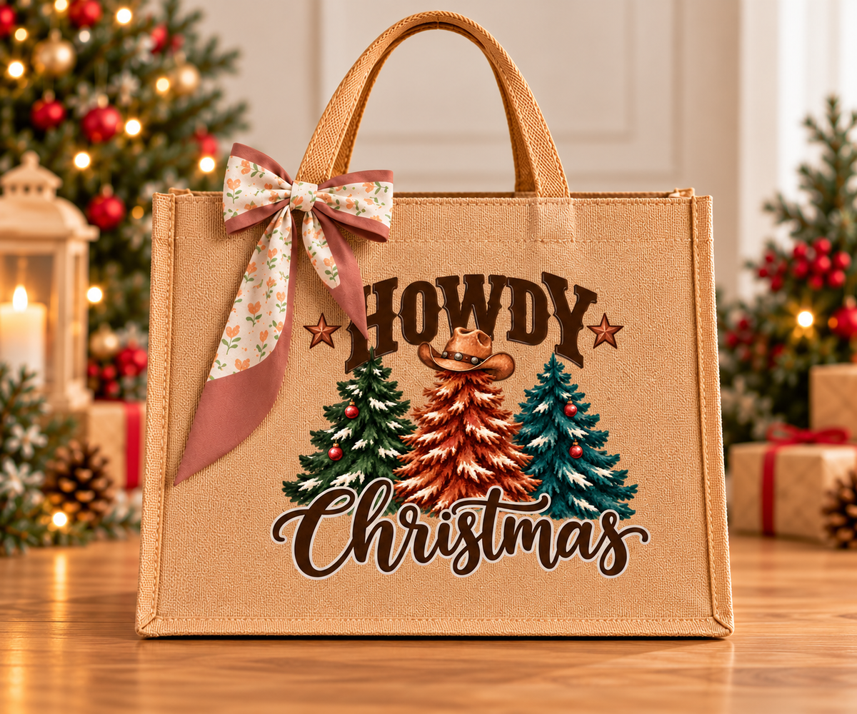 Howdy Christmas Western Burlap Tote Bag