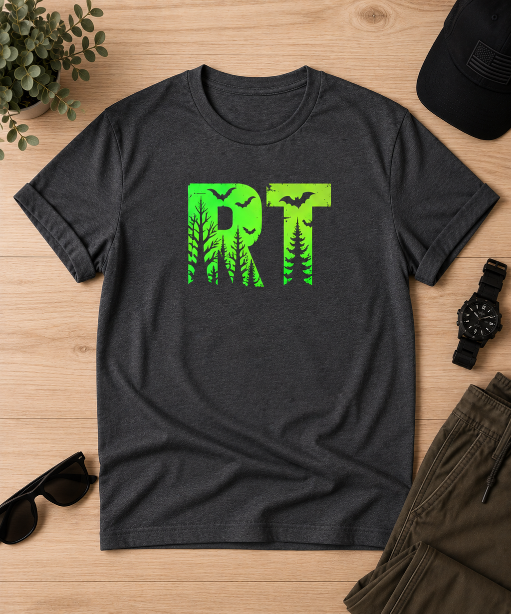 RT Halloween Forest Unisex Tee | Respiratory Therapist Spooky Bat Shirt | Minimalist RT Halloween T-Shirt