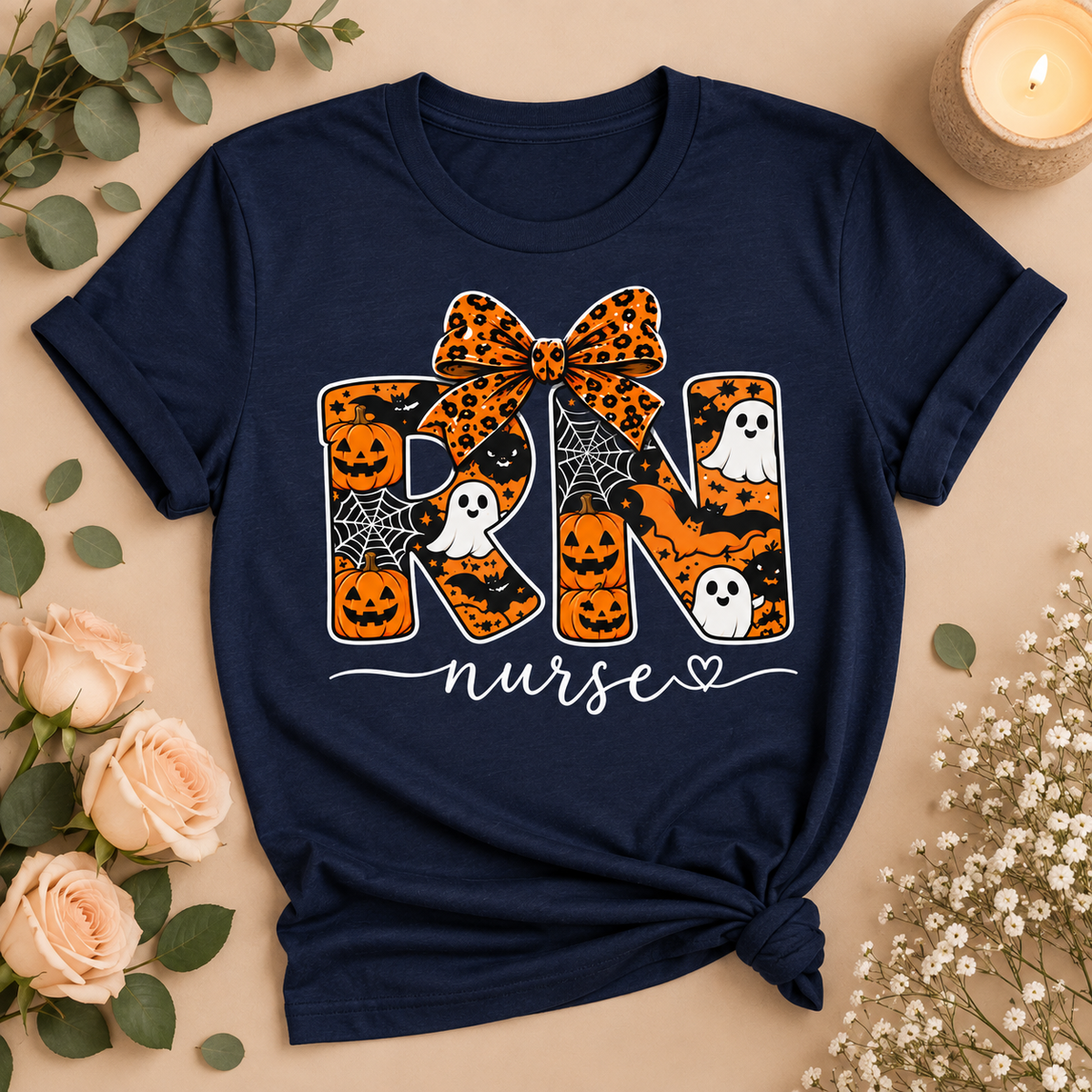 RN Nurse Halloween Bow Tee | Spooky Nurse Shirt