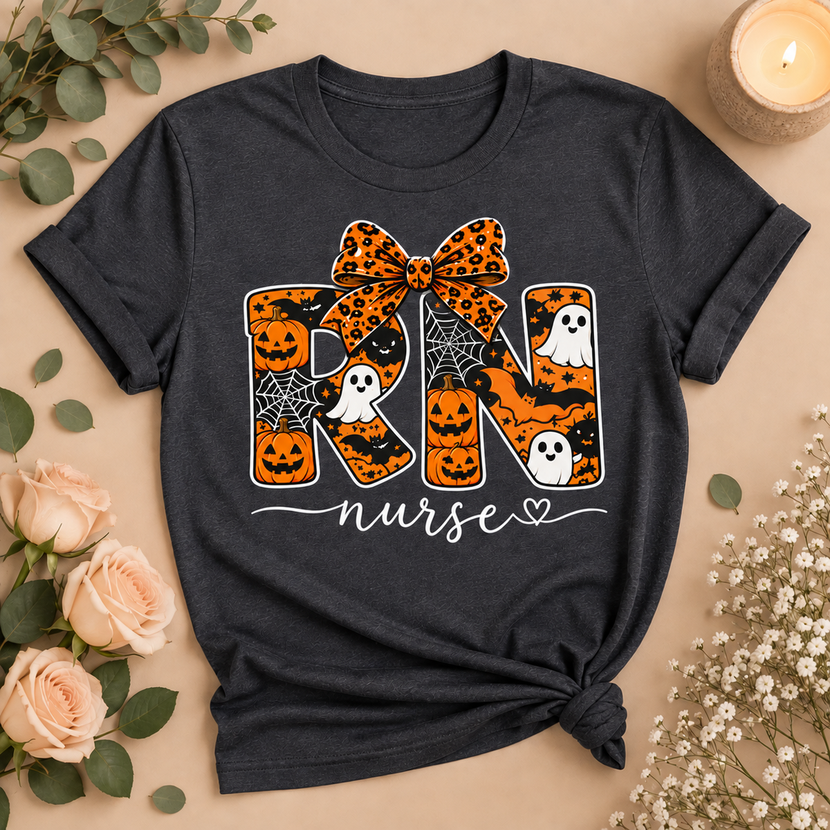RN Nurse Halloween Bow Tee | Spooky Nurse Shirt