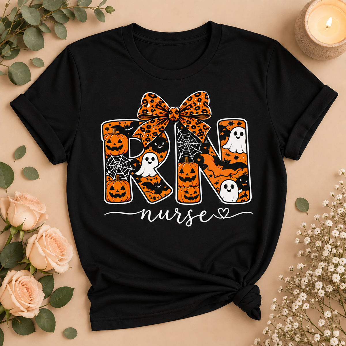 RN Nurse Halloween Bow Tee | Spooky Nurse Shirt