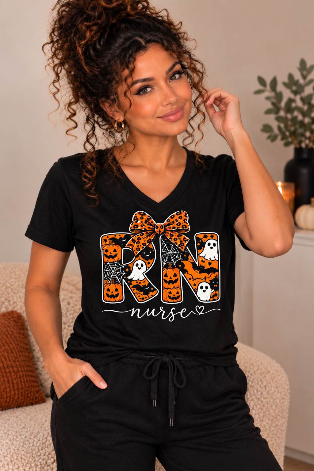 RN Nurse Halloween Bow Tee | Spooky Nurse Shirt