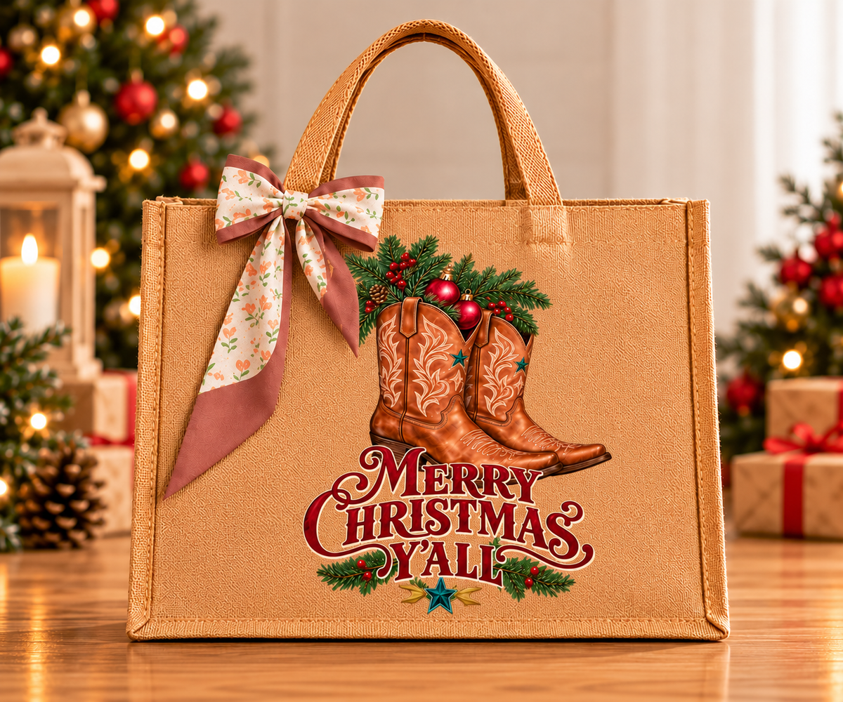 Merry Christmas Y’all Western Burlap Tote Bag