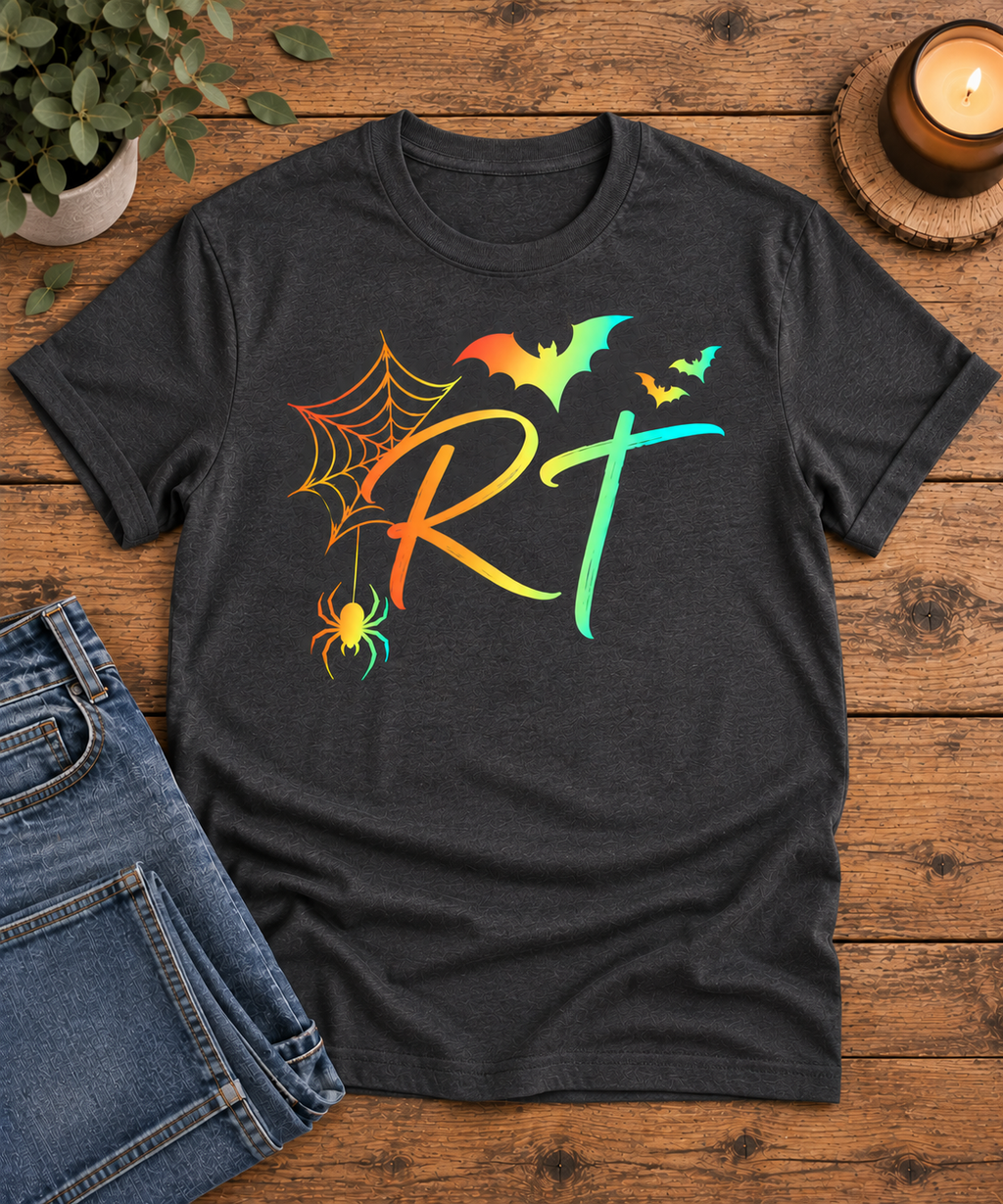 RT Halloween Spider Web & Bats Unisex Tee | Respiratory Therapist Halloween Shirt
