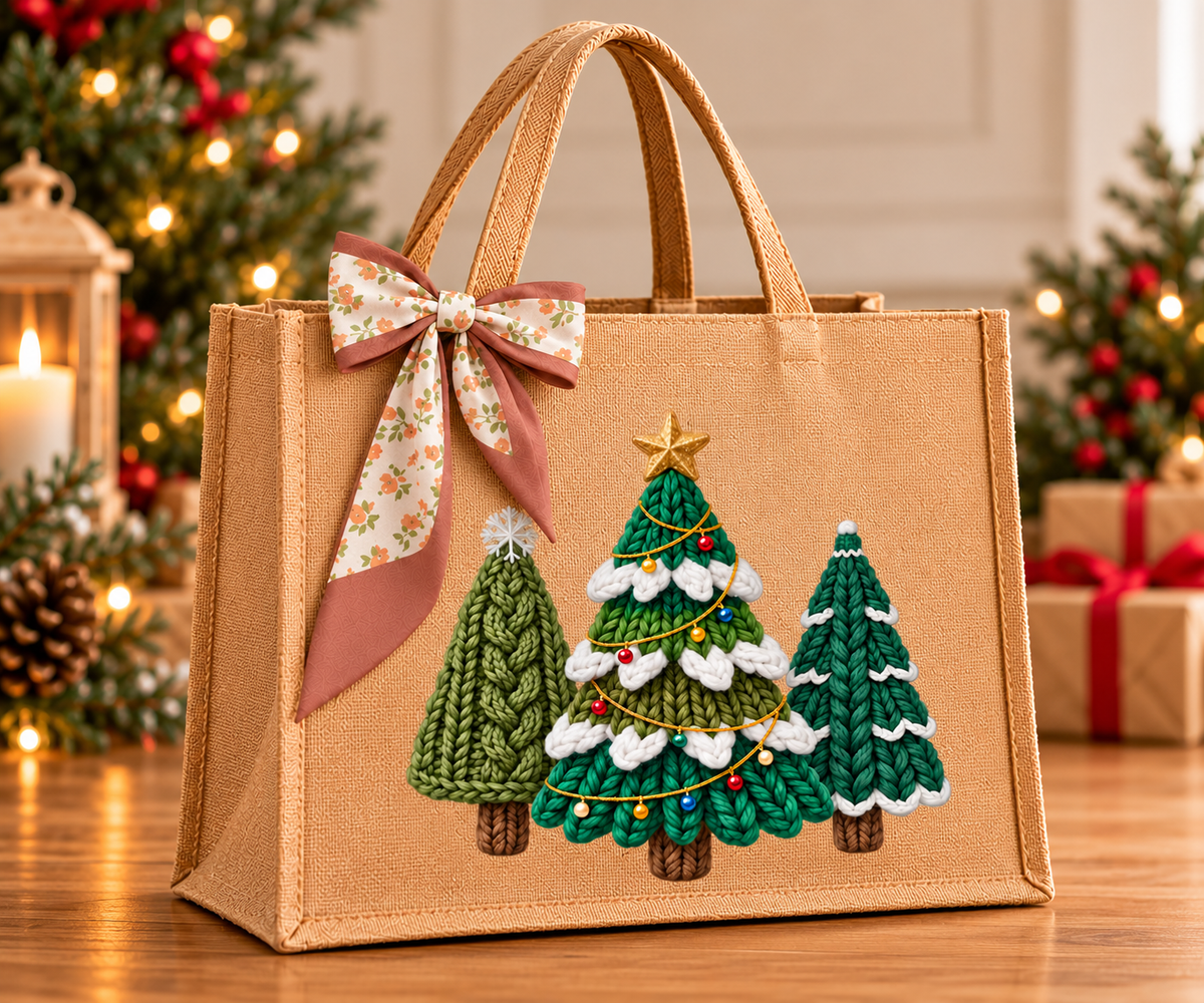 Cozy Knit Christmas Trees Burlap Tote Bag