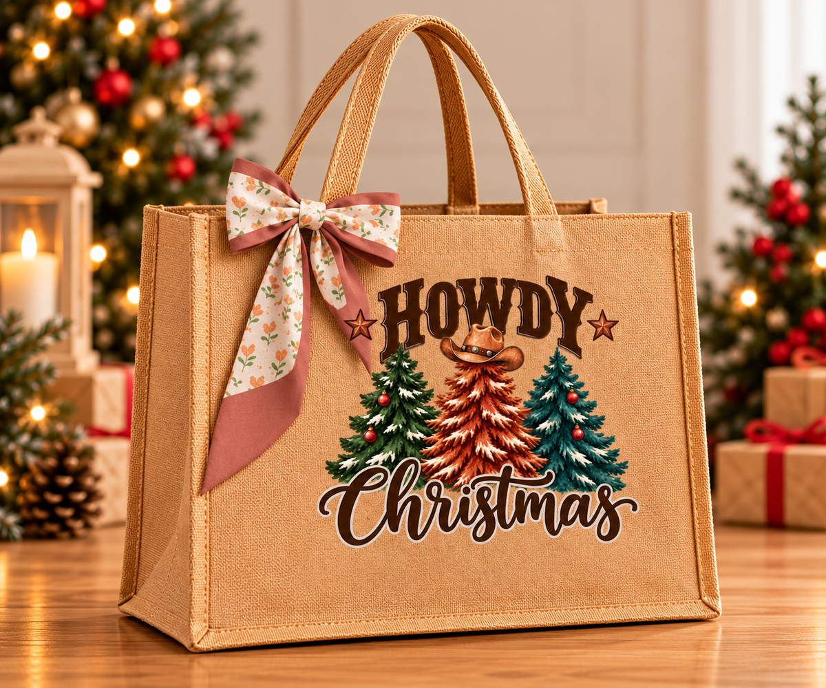 Howdy Christmas Western Burlap Tote Bag