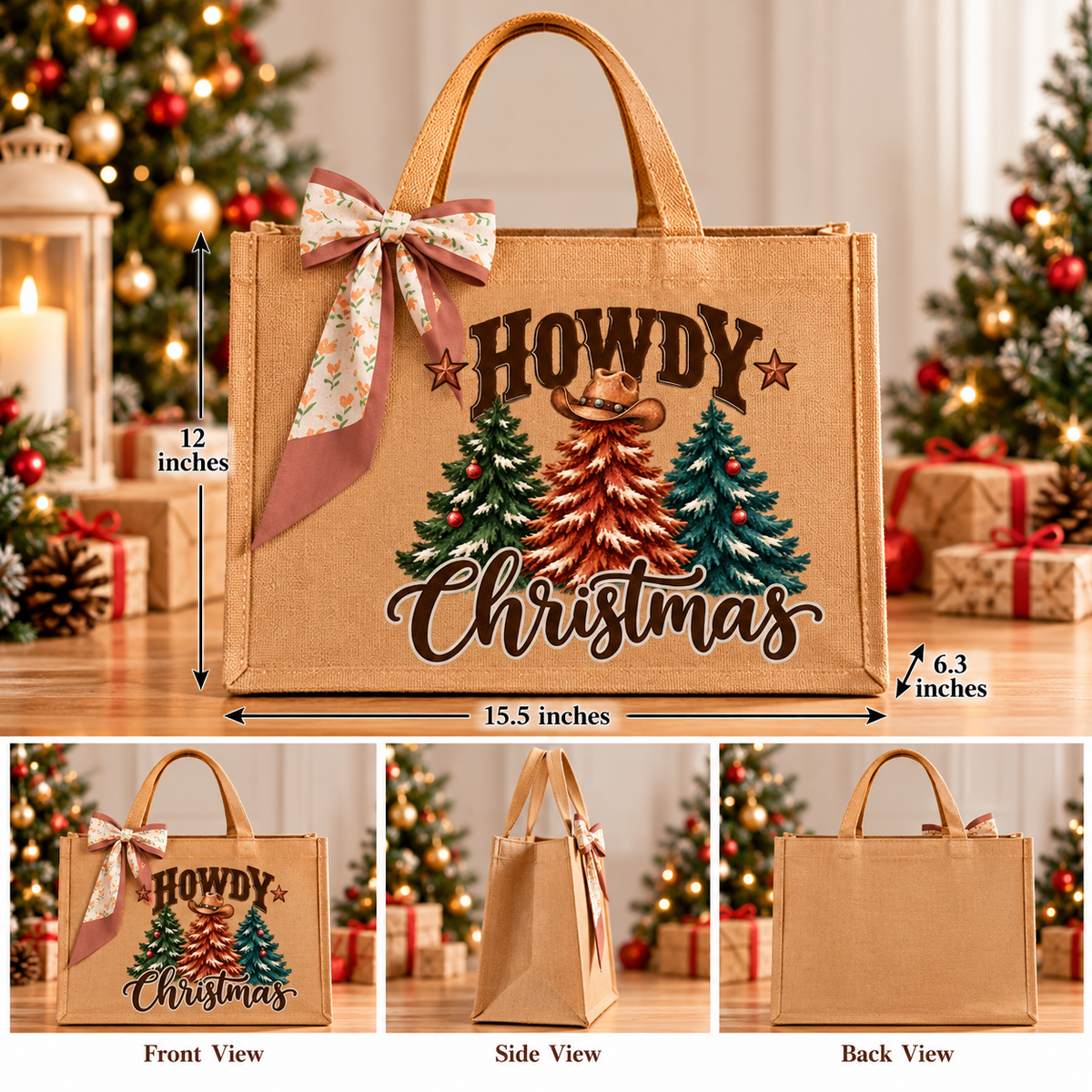 Howdy Christmas Western Burlap Tote Bag