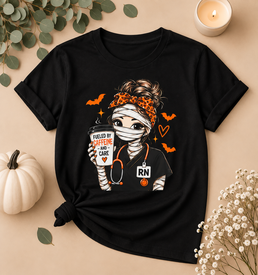 Fueled by Caffeine & Care Halloween Nurse Tee