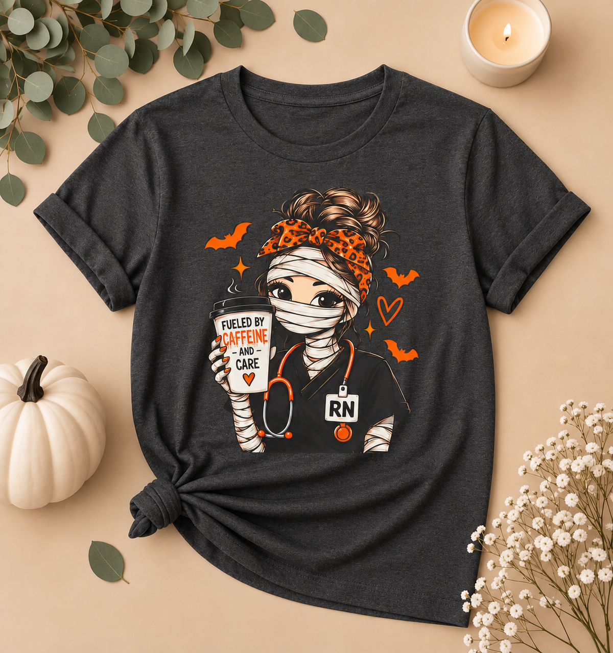 Fueled by Caffeine & Care Halloween Nurse Tee