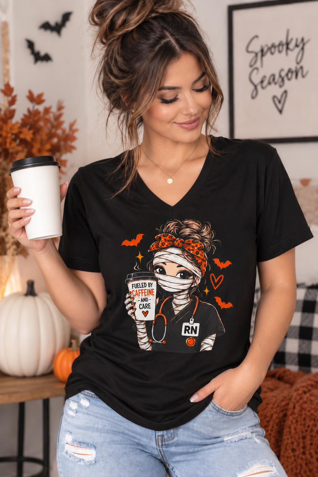 Fueled by Caffeine & Care Halloween Nurse Tee
