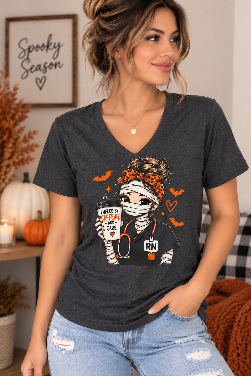 Fueled by Caffeine & Care Halloween Nurse Tee
