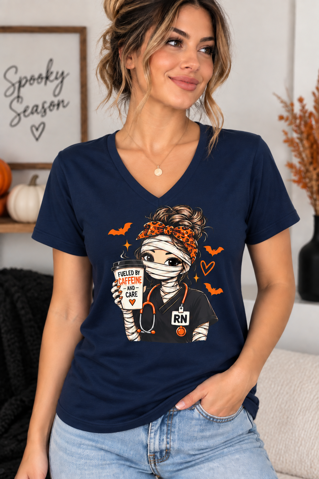 Fueled by Caffeine & Care Halloween Nurse Tee