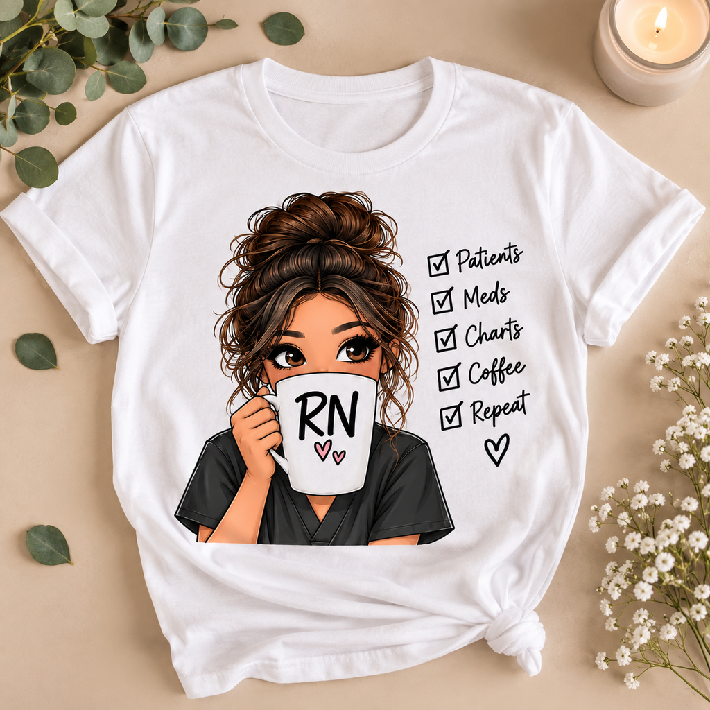 Patients, Meds, Charts, Coffee, Repeat RN Tee | Cute Nurse Shirt