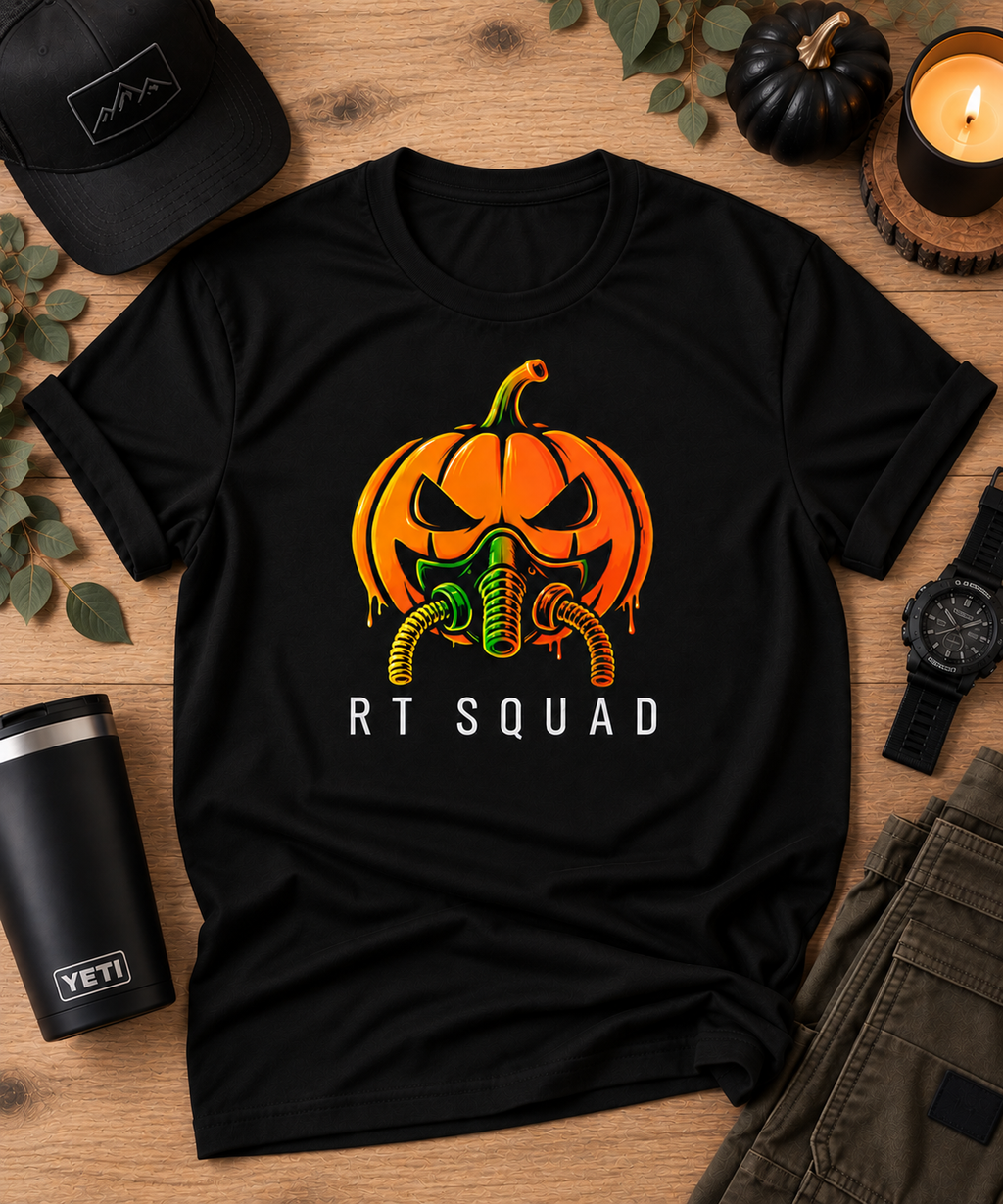 RT Squad Pumpkin Respirator Halloween Unisex Tee | Respiratory Therapist Spooky Season Shirt